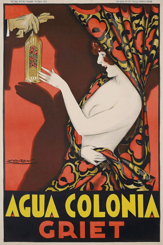 1928 Agua Colonia Griet Art Deco perfume advertising poster showing woman with perfume, Mauzan