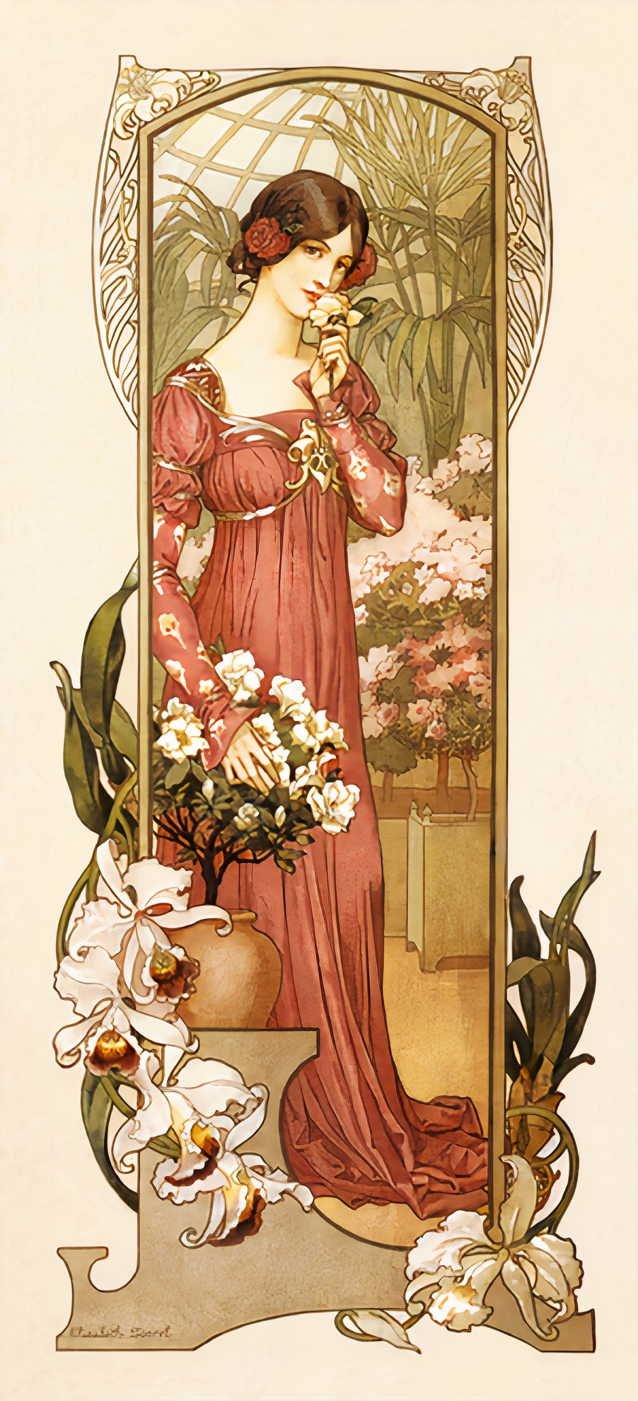 1898 Art Nouveau poster showing elegant woman in coral red dress holding white lilies, ornate decorative border, Alphonse Mucha