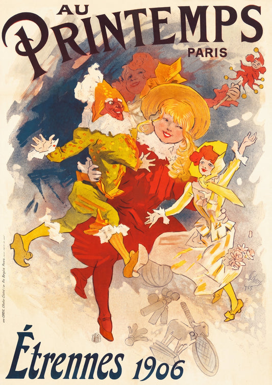 1905 Au Printemps Paris Etrennes poster, dancing Harlequin and Cherette in red, Cheret | The Vintage Poster Archives