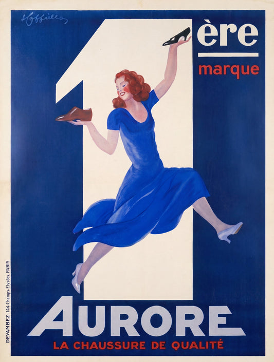 1930s Aurore shoes poster, leaping woman in blue dress holding stiletto, cobalt blue, Cappiello | The Vintage Poster Archives