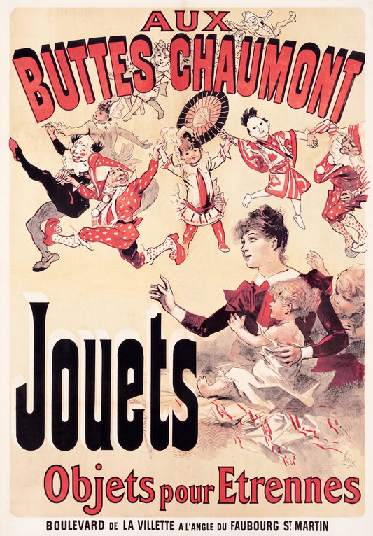 1889 French advertising poster by Jules Chéret for Aux Buttes Chaumont toy store, dancing harlequins in red, cream ground | The Vintage Poster Archives
