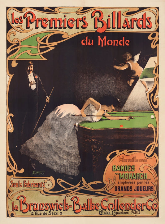 1890s French Art Nouveau billiards poster, woman in white gown cueing on green table, gold whiplash border, Noctaner | The Vintage Poster Archives