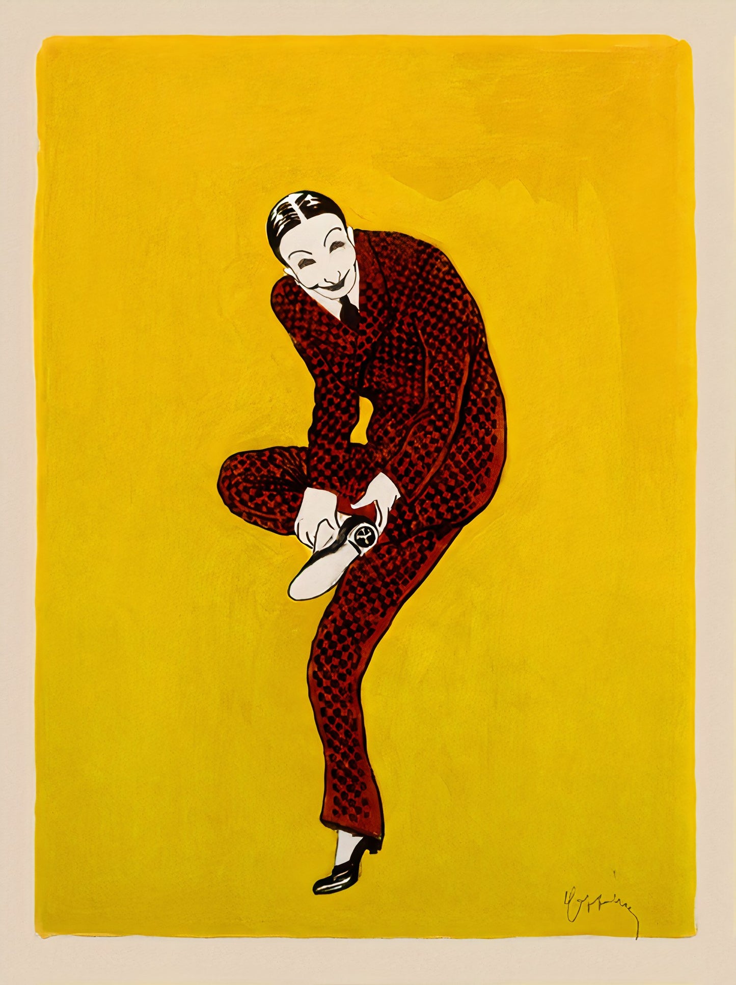 1910s Cappiello advertising poster showing harlequin in red checkered suit against yellow background, theatrical costume design