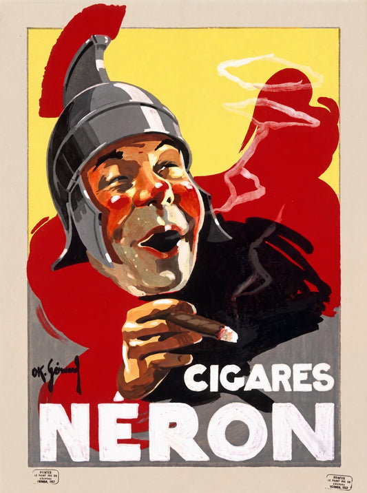 1927 Belgian cigar poster: Roman emperor in grey helmet holds a cigar, cadmium yellow ground, bold NERON lettering | Vintage Poster Archives
