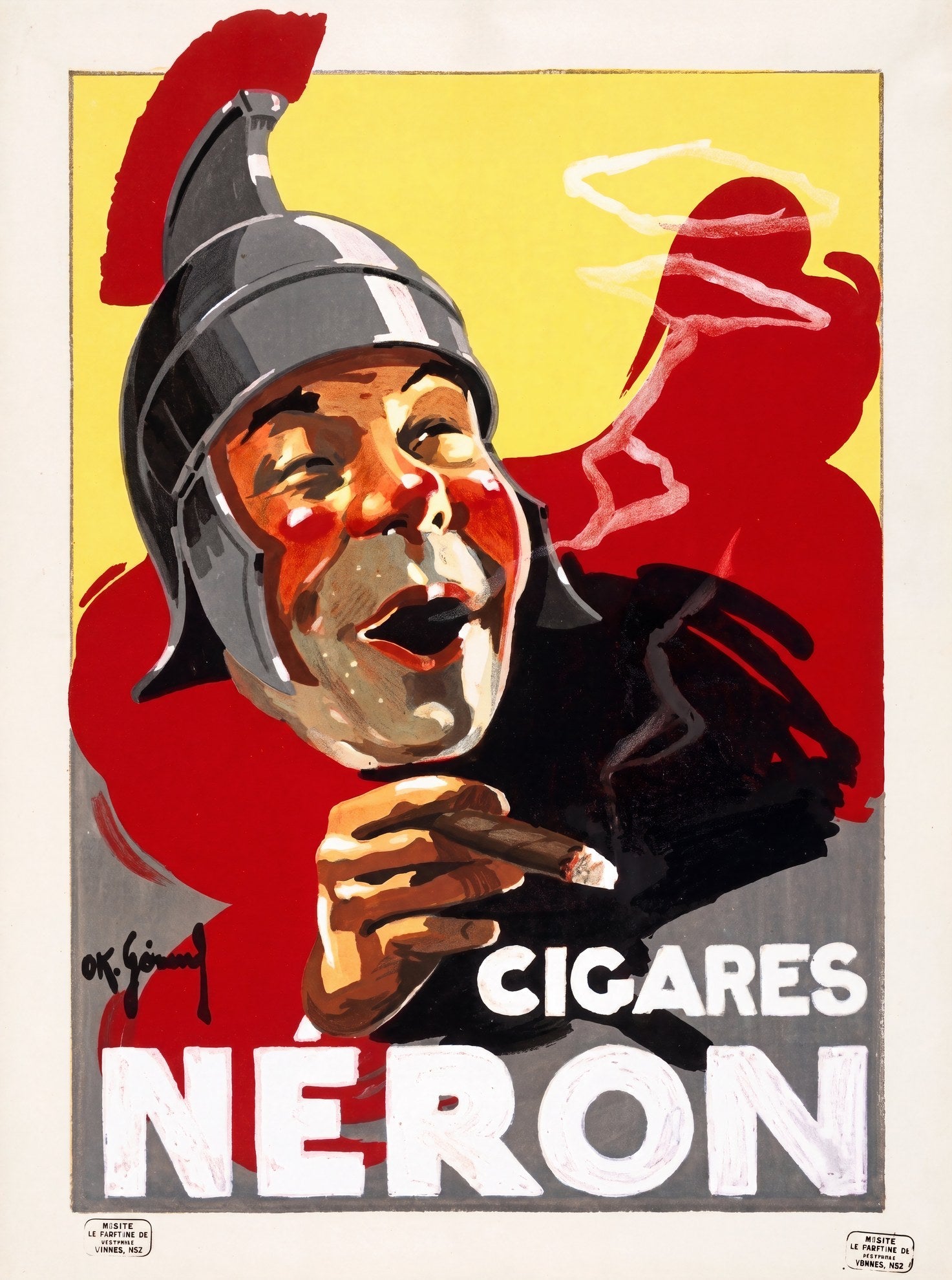 1930s Cigares Neron poster showing laughing Roman emperor in grey helmet holding cigar, red and yellow, O.K. Gerard | The Vintage Poster Archives