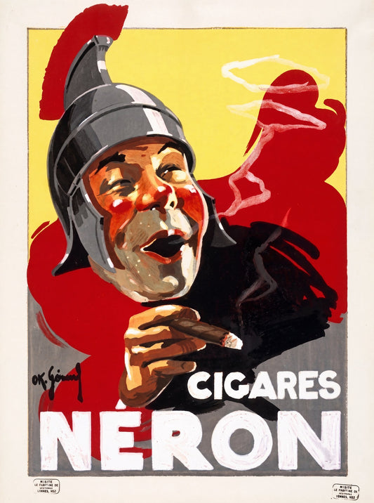 1930s Cigares Neron poster showing laughing Roman emperor in grey helmet holding cigar, red and yellow, O.K. Gerard | The Vintage Poster Archives