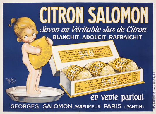 1920s French soap advertisement by Beatrice Mallet: cherub child with lemon soap bar on cobalt blue, vintage advertising poster | The Vintage Poster Archives