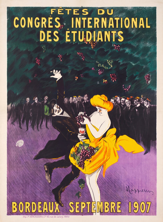 1907 French advertising poster by Cappiello: woman in orange dress squeezes grapes into wine glass for dancing man, teal and violet | The Vintage Poster Archives