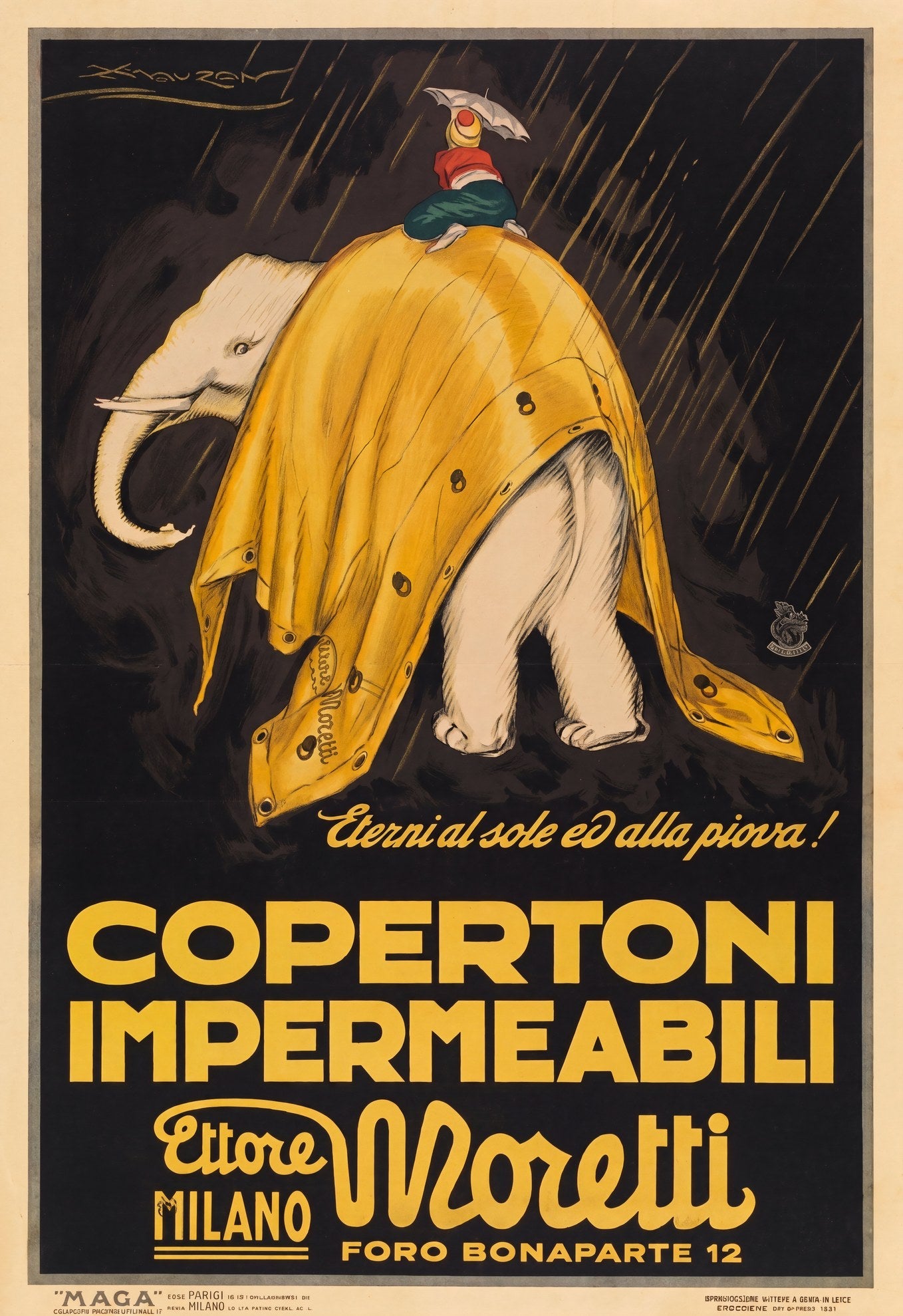 1921 Italian advertising poster, white elephant in lemon-yellow Moretti tarpaulin in rain, Mauzan | The Vintage Poster Archives