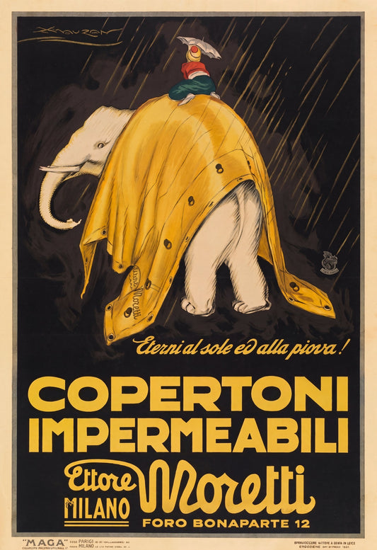 1921 Italian advertising poster, white elephant in lemon-yellow Moretti tarpaulin in rain, Mauzan | The Vintage Poster Archives
