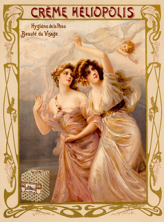1890s French Art Nouveau poster for Creme Heliopolis, two draped women and cherub, cream and blush palette | The Vintage Poster Archives