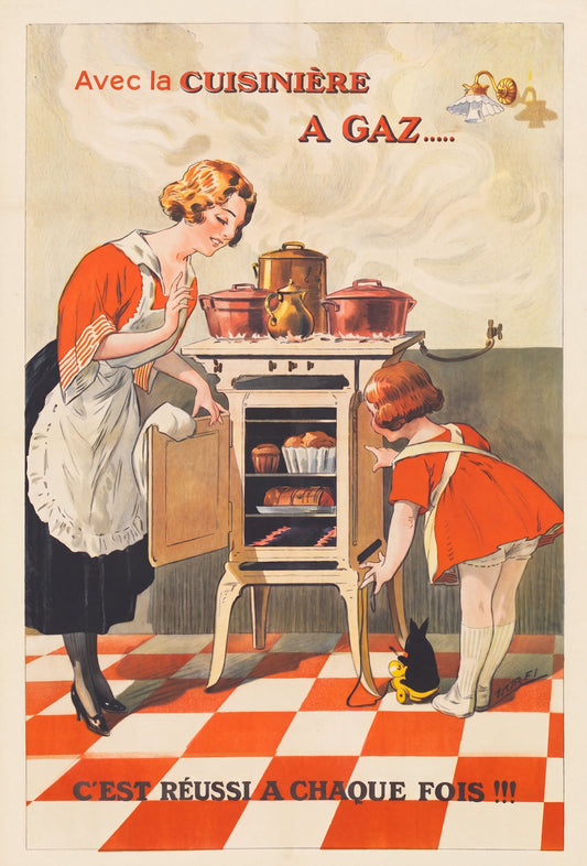 1920s French gas cooker poster by Albert Dorfinant showing woman and girl at cream range, copper pots, red chequerboard floor | The Vintage Poster Archives