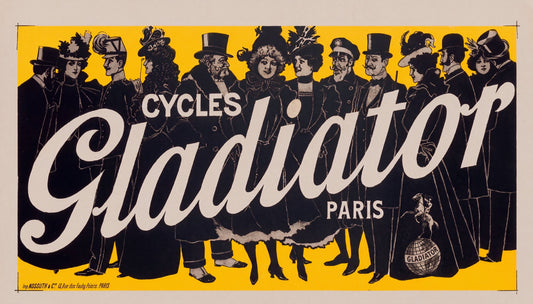 c.1895 Cycles Gladiator Paris vintage advertising poster, black-clad elegant crowd on chrome-yellow ground, Paolo Henri | The Vintage Poster Archives
