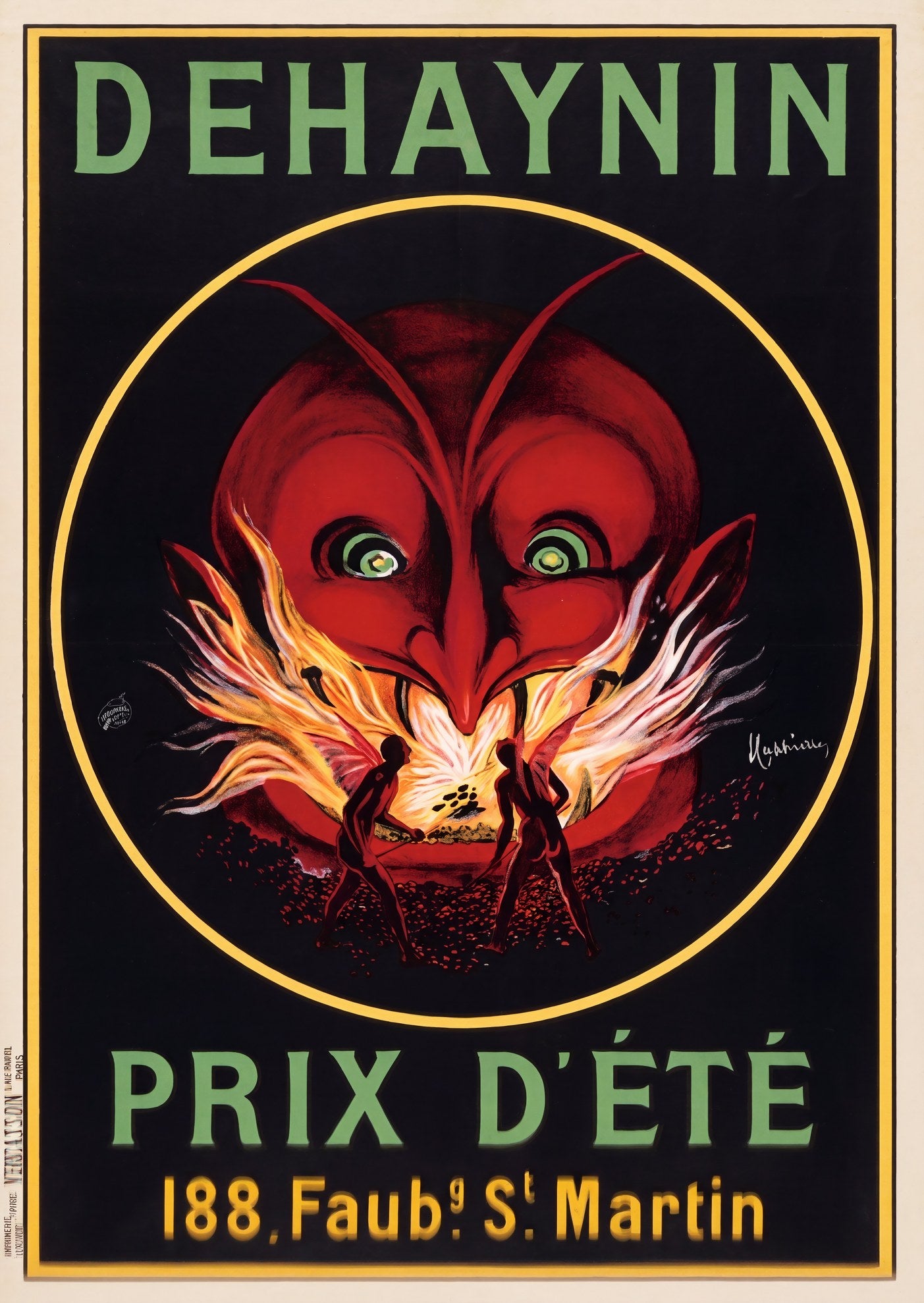 1912 Cappiello Dehaynin advertising poster: scarlet devil head inside yellow circle, green typography, black ground | The Vintage Poster Archives