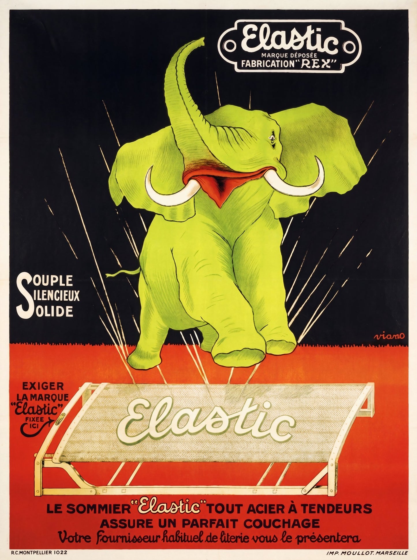 1922 French advertising poster for Elastic sommier, lime-green elephant on black, Viano, Imp. Moullot Marseille | The Vintage Poster Archives