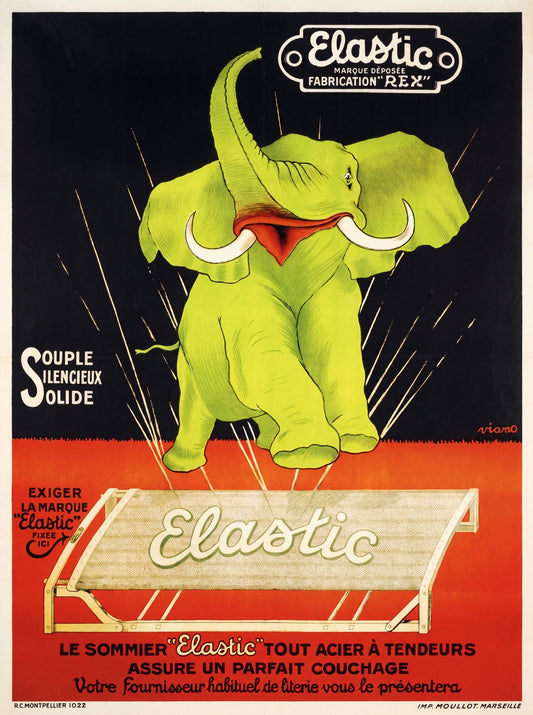 1922 French advertising poster for Elastic sommier, lime-green elephant on black, Viano, Imp. Moullot Marseille | The Vintage Poster Archives