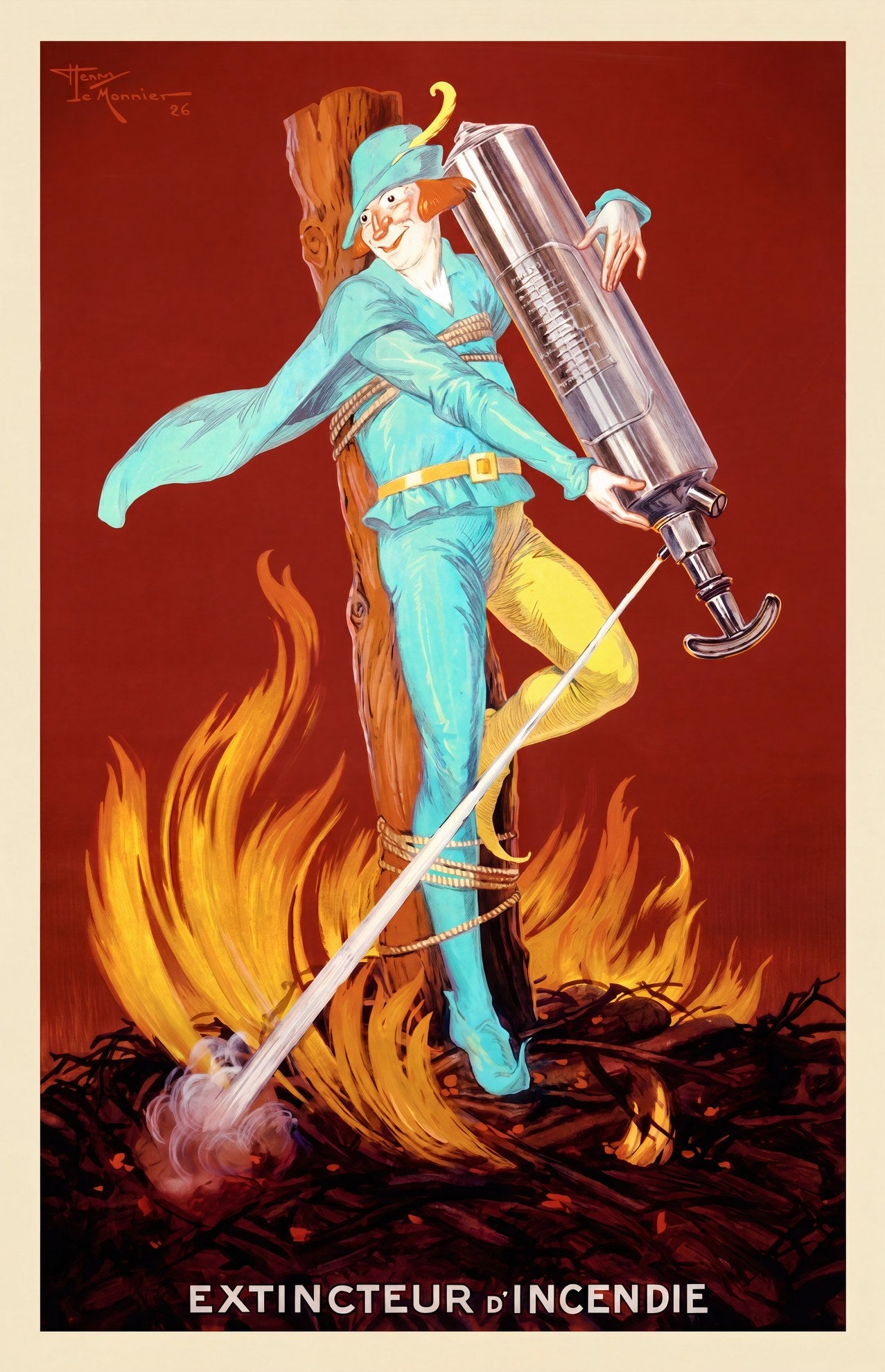 1926 French advertising poster showing jester with chrome fire extinguisher amid flames, crimson and turquoise, Henry Le Monnier | The Vintage Poster Archives