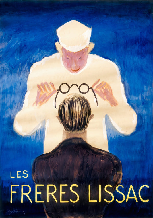 1931 French advertising poster by Cappiello: giant optician lowers round glasses onto seated client, cobalt blue background | The Vintage Poster Archives