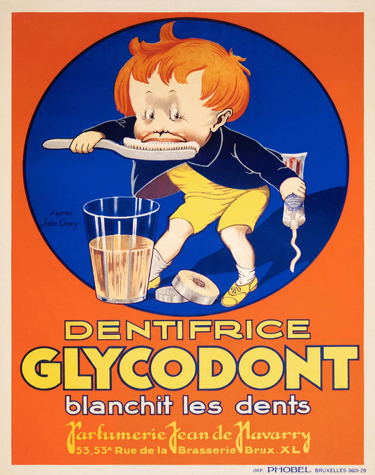 1929 Belgian advertising poster for Glycodont toothpaste, red-haired boy brushing teeth, orange and cobalt blue, John Onwy | The Vintage Poster Archives