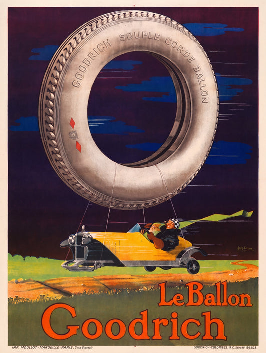1925 Goodrich Le Ballon tyre poster, giant silver tyre as balloon above yellow racing car, purple sky, Garcigoy | The Vintage Poster Archives