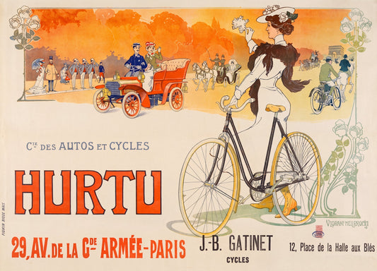 1903 Hurtu Autos et Cycles poster, woman cyclist in white habit beside bicycle, Arc de Triomphe, amber ground, Lorant-Heilbronn | The Vintage Poster Archives