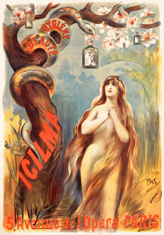 Art Nouveau cosmetics poster c.1900, nude woman with auburn hair beneath snake-coiled tree, Icilma, PAL | The Vintage Poster Archives