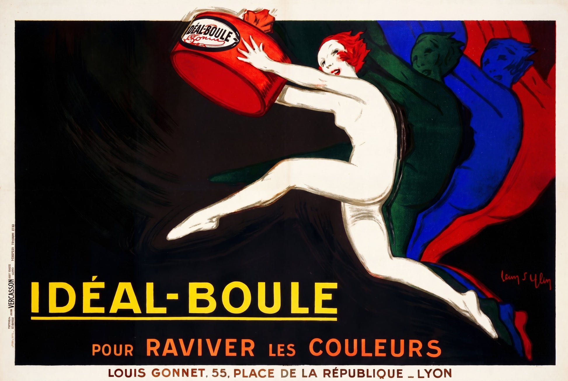 1913 Ideal-Boule advertising poster, leaping white nude with red hair grips red tin, black ground, Cappiello | The Vintage Poster Archives