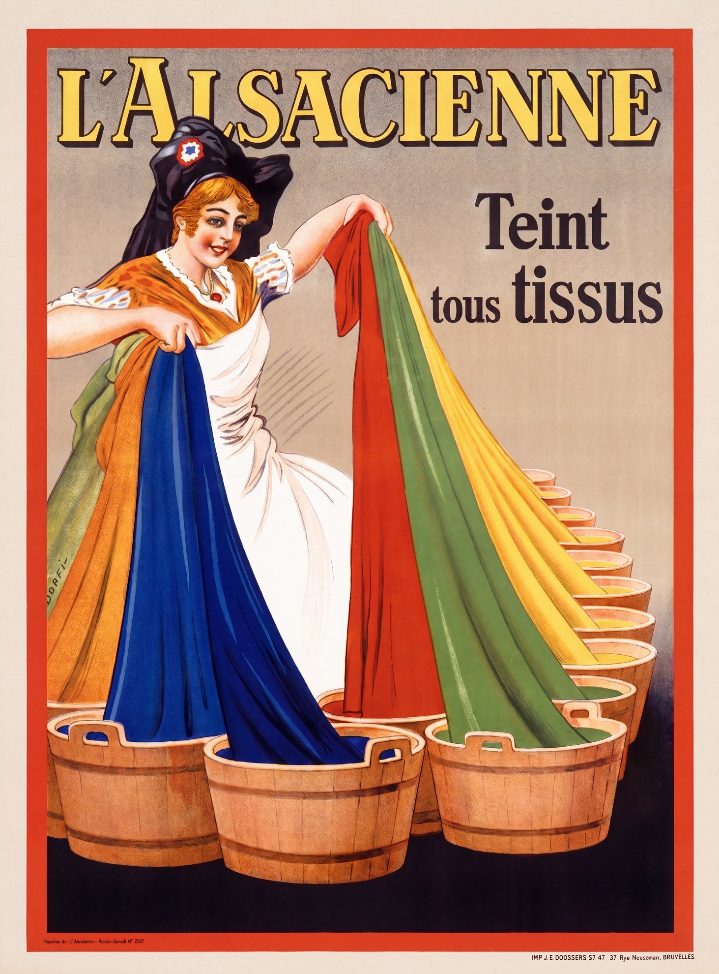 1920s L'Alsacienne fabric dye poster, Alsatian woman with blue, red, green fabrics over wooden tubs, Albert Dorfinant | The Vintage Poster Archives