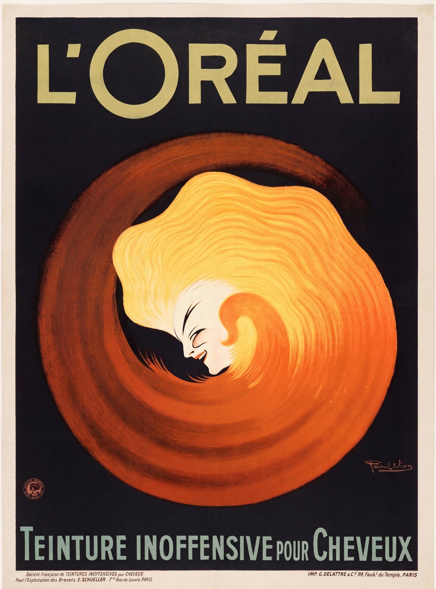 1909 L'Oreal hair dye poster, woman's face in amber swirling hair vortex on black, Leonetto Cappiello | The Vintage Poster Archives