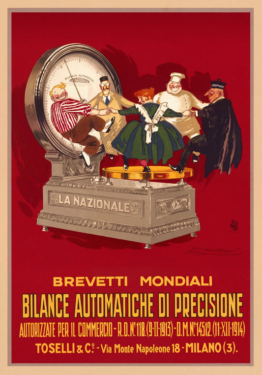 1914 Italian advertising poster for La Nazionale precision scales, four caricature figures on a red ground, Mauzan | The Vintage Poster Archives