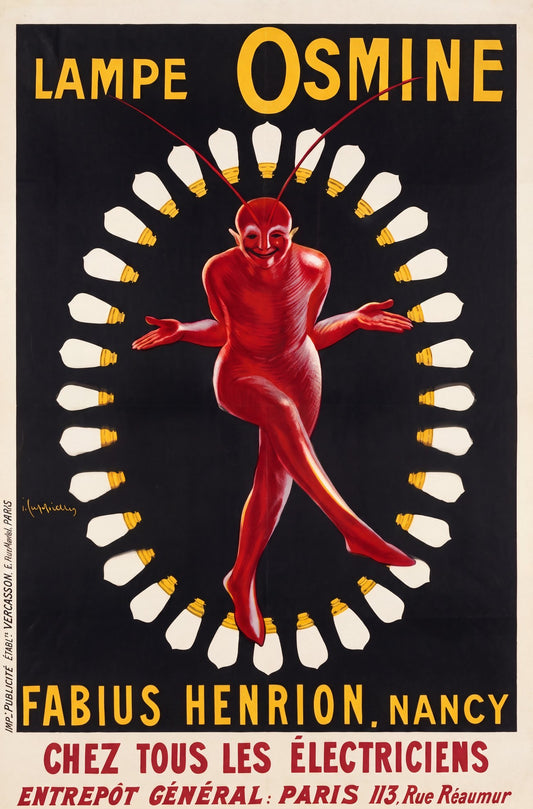 1910 Cappiello Lampe Osmine ad poster, red devil encircled by lightbulbs on black, golden type | The Vintage Poster Archives
