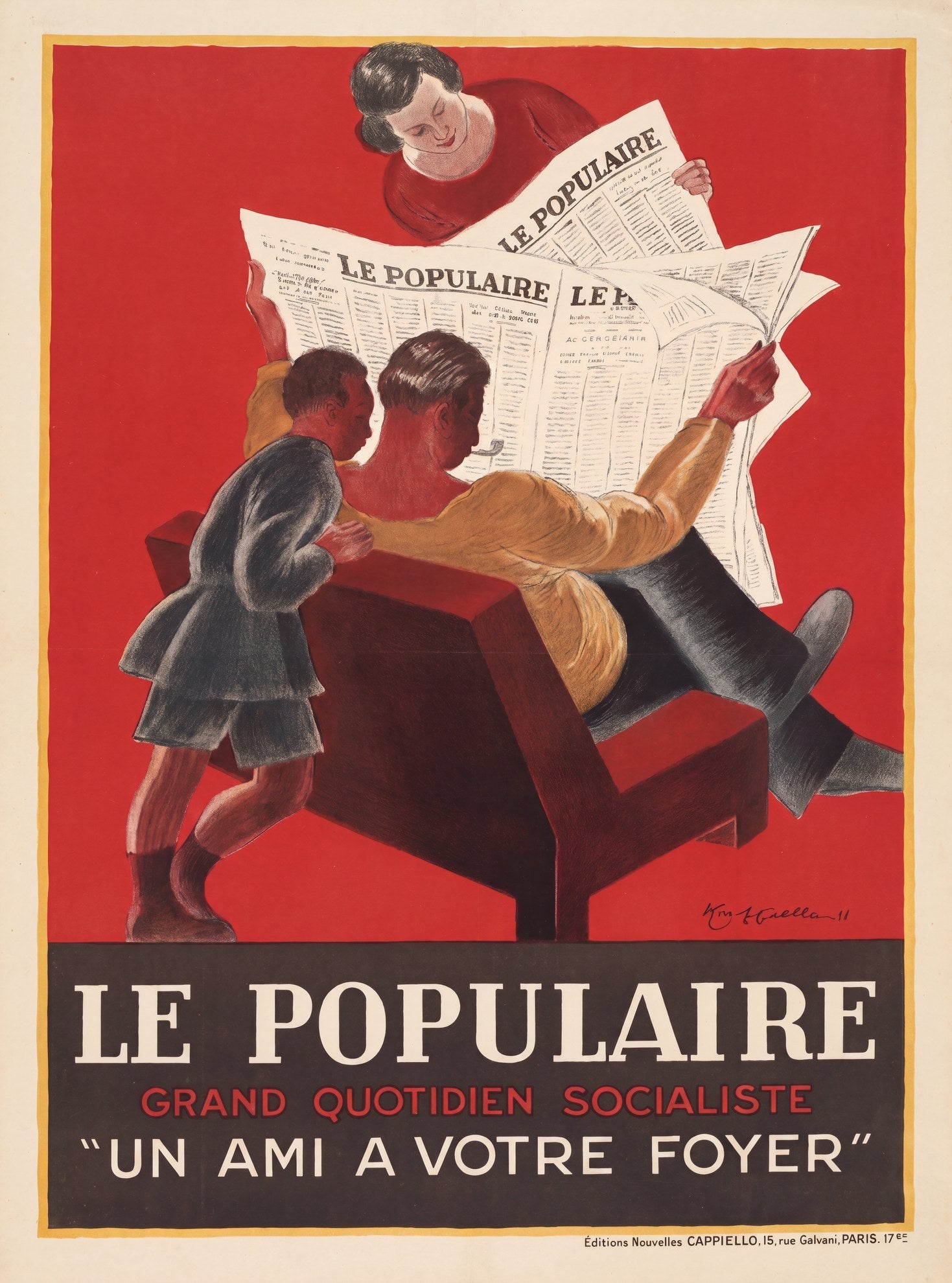 1930s Le Populaire socialist newspaper poster, family reading scene on red, Leonetto Cappiello | The Vintage Poster Archives