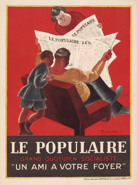 1930s Le Populaire socialist newspaper poster, family reading scene on red, Leonetto Cappiello | The Vintage Poster Archives