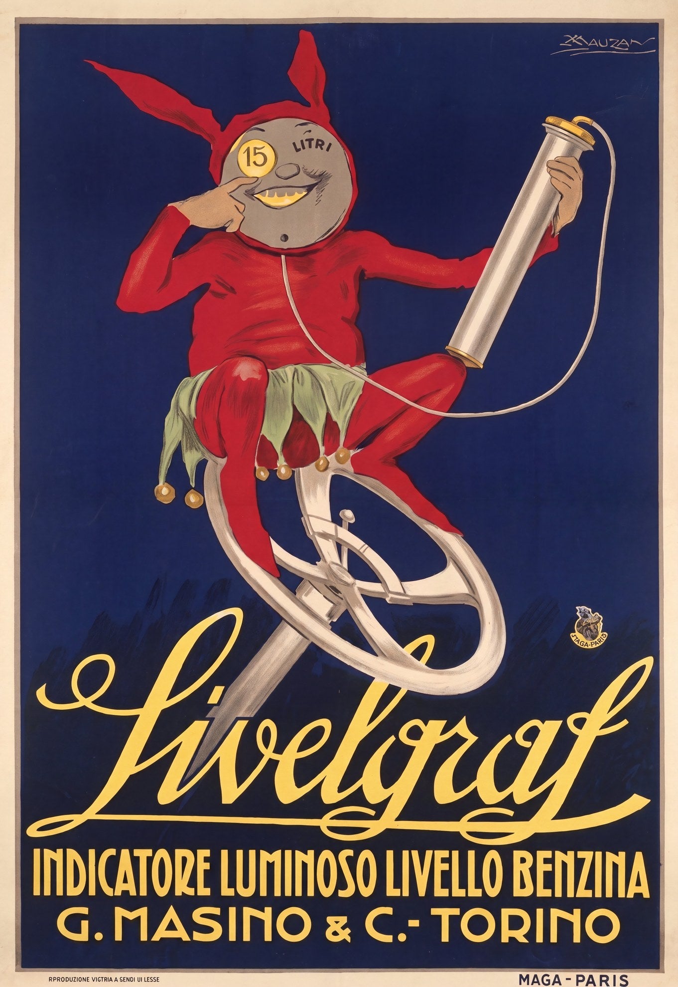 1920s Italian advertising poster by Mauzan, red jester on steering wheel holding fuel gauge, deep navy blue, yellow script | The Vintage Poster Archives