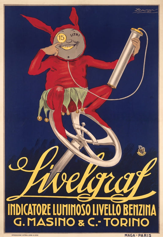 1920s Italian advertising poster by Mauzan, red jester on steering wheel holding fuel gauge, deep navy blue, yellow script | The Vintage Poster Archives