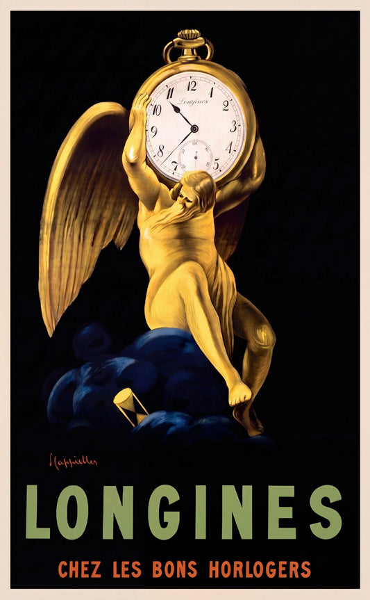 1911 Longines vintage watch advertising poster showing winged figure design, Leonetto Cappiello