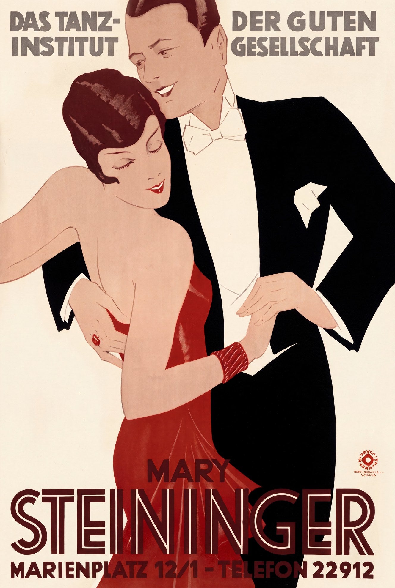 1920s German Art Deco poster showing ballroom dancing couple, woman in red gown, man in tuxedo, Mary Steininger Munich | The Vintage Poster Archives