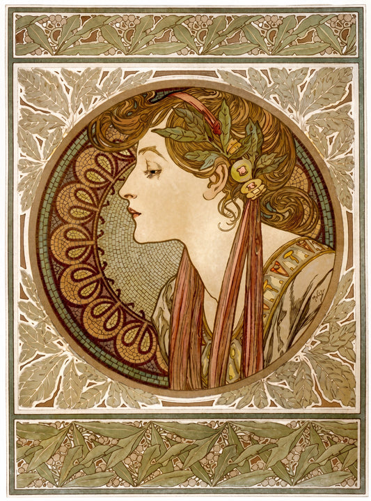 1901 Mucha Art Nouveau poster, woman's profile in laurel-leaf medallion, sage green border, mosaic background | The Vintage Poster Archives