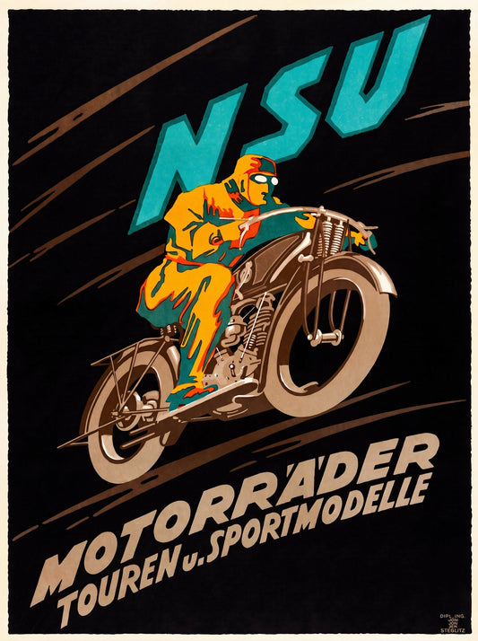 1922 NSU Motorräder motorcycle advertising poster showing Sportmodell rider, Lehmann-Steglitz