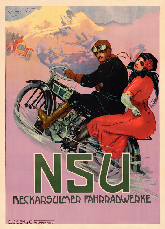 c.1908 NSU motorcycle poster: couple on vintage bike, alpine peak behind, forest-green NSU lettering, Codognato | The Vintage Poster Archives
