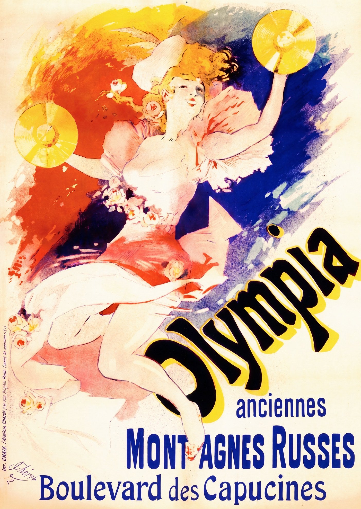 1892 French Belle Epoque theatre poster showing female performer with gold cymbals, Olympia Paris, Jules Cheret | The Vintage Poster Archives