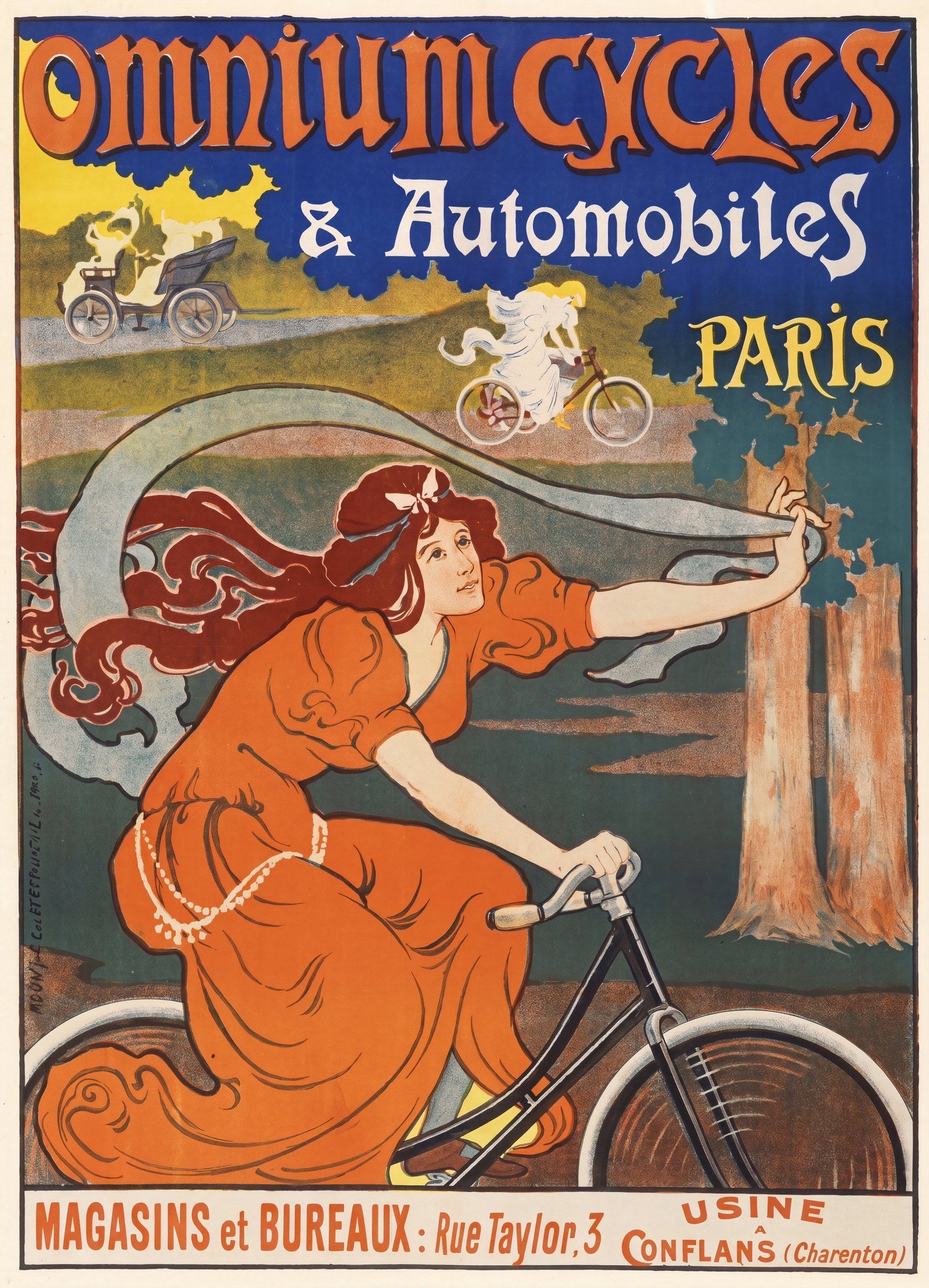 1890s French Art Nouveau cycling poster, red-haired woman in orange dress on bicycle, cobalt blue and green, Omnium Cycles Paris | The Vintage Poster Archives