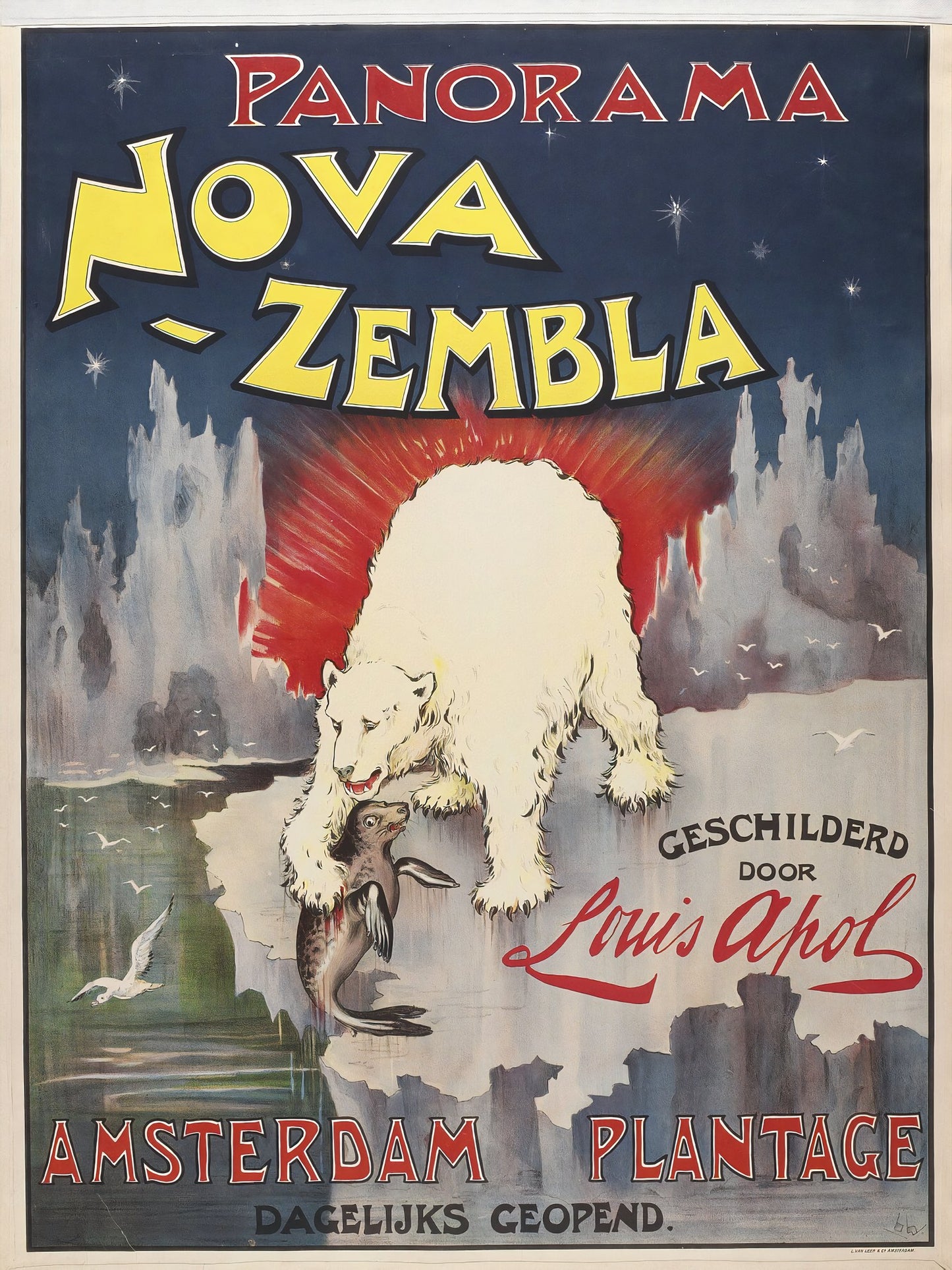 1896 Dutch exhibition poster, polar bear gripping seal against arctic ice, navy and red, Wierink | The Vintage Poster Archives