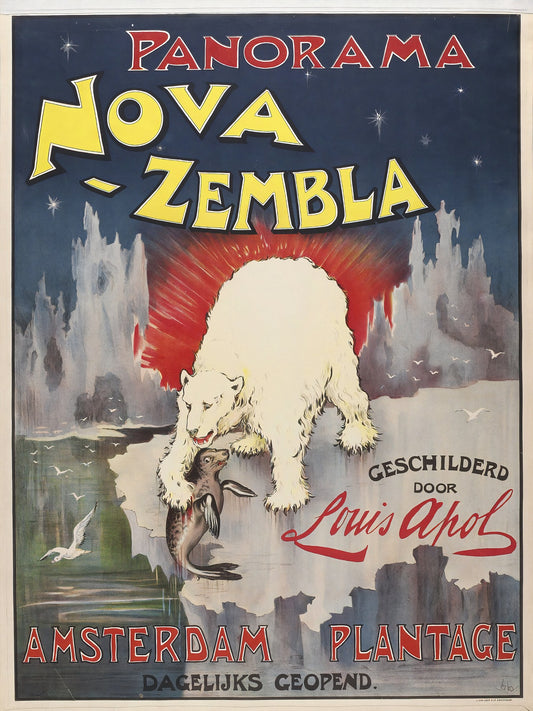 1896 Dutch exhibition poster, polar bear gripping seal against arctic ice, navy and red, Wierink | The Vintage Poster Archives