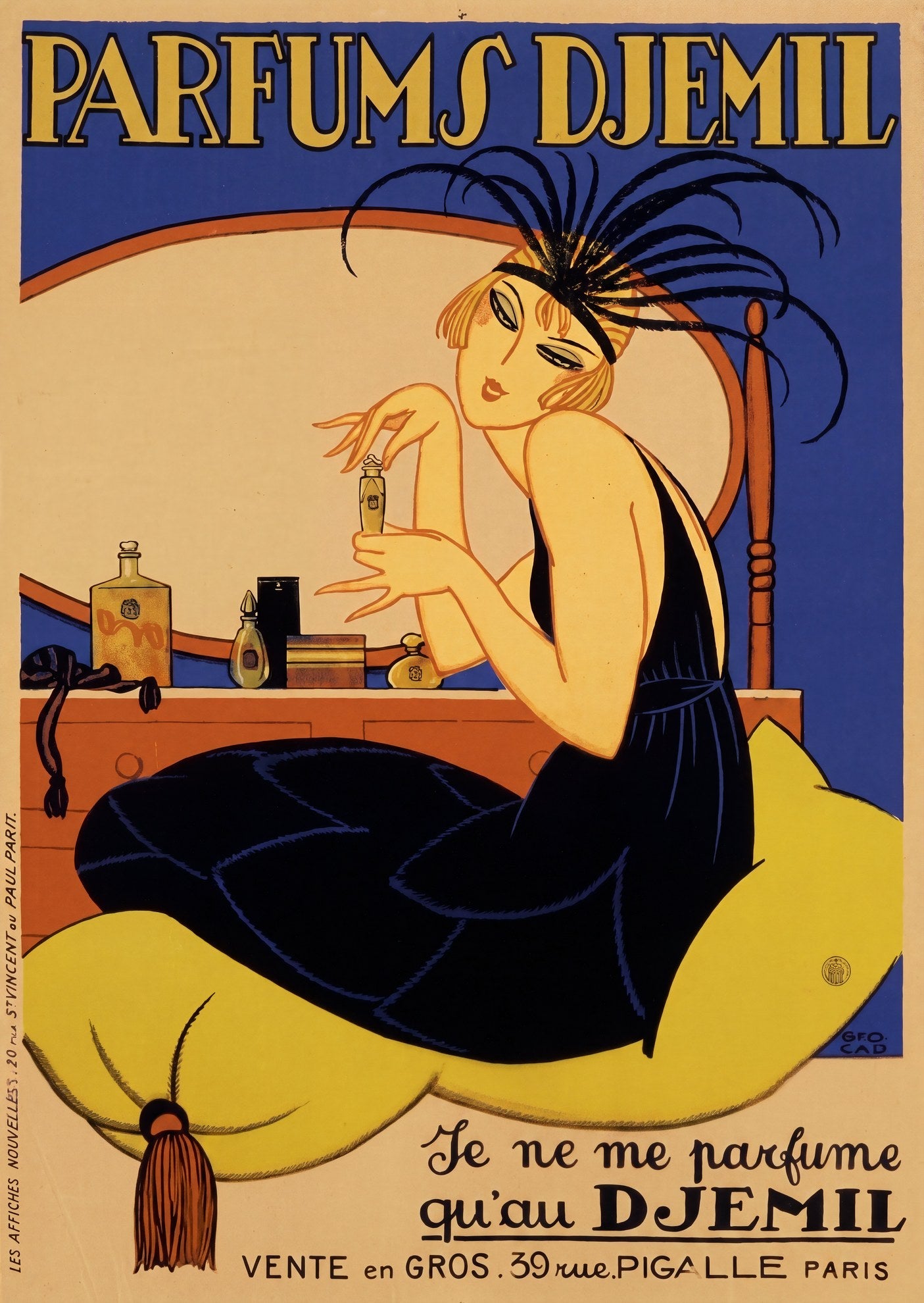 1920s French Art Deco perfume poster: blonde flapper in navy gown at vanity, cobalt blue and yellow, Geo Cad | The Vintage Poster Archives