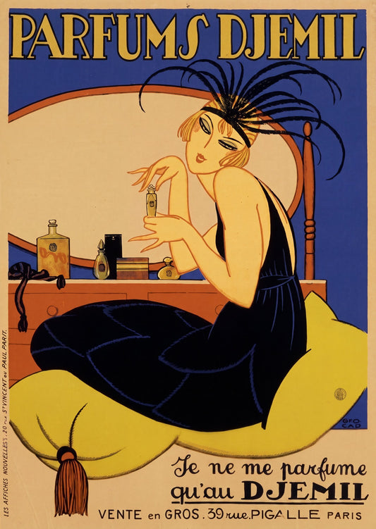 1920s French Art Deco perfume poster: blonde flapper in navy gown at vanity, cobalt blue and yellow, Geo Cad | The Vintage Poster Archives
