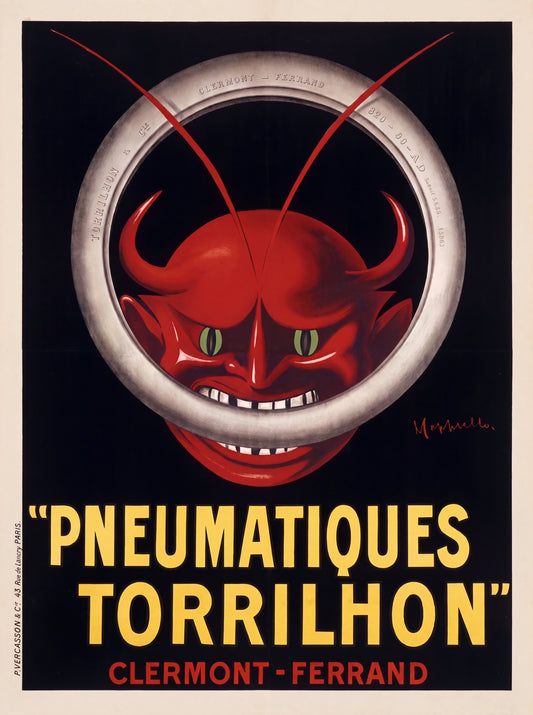1906 Torrilhon tyre advertising poster by Cappiello: red devil in silver ring, black ground, yellow type | The Vintage Poster Archives