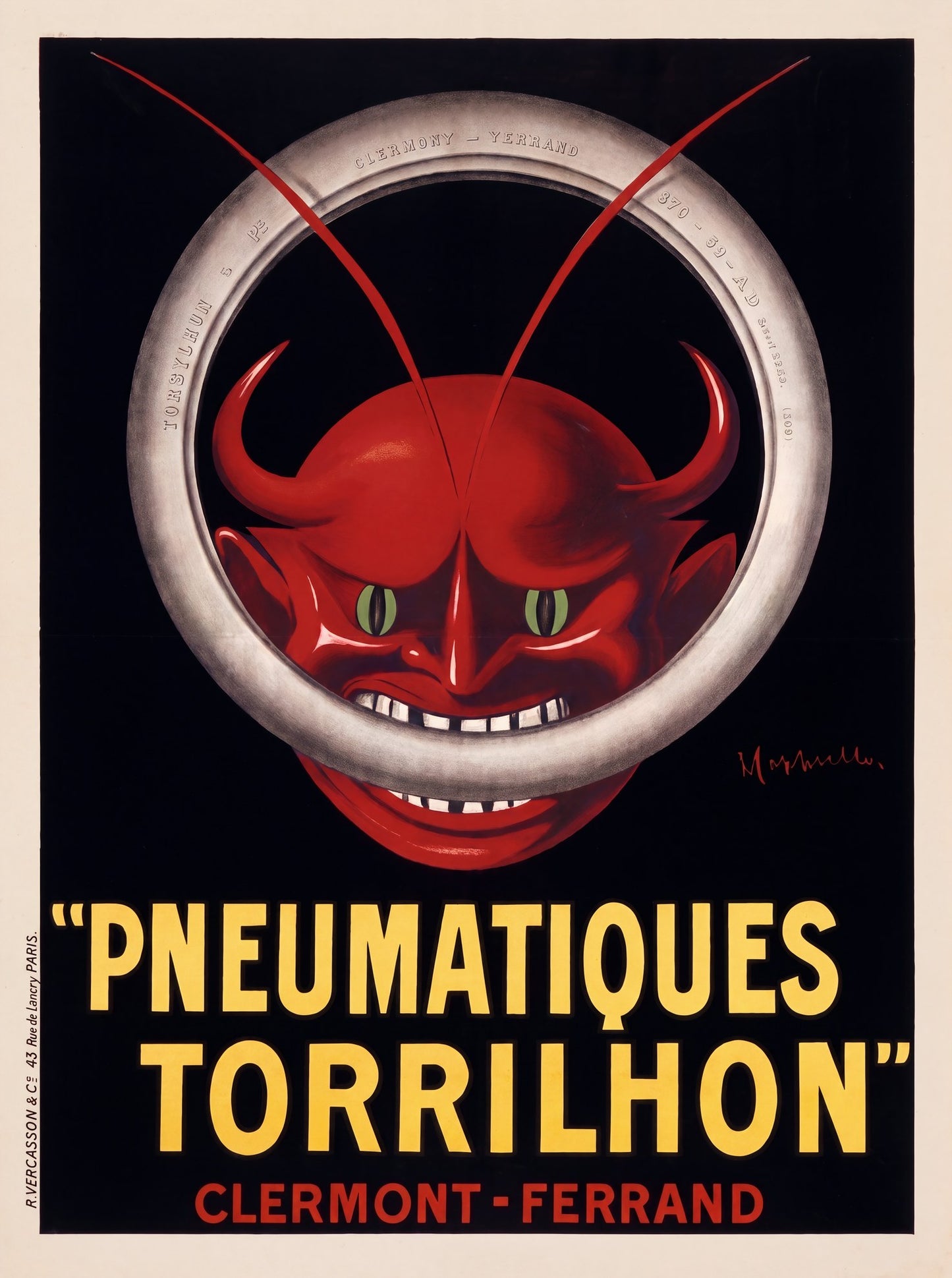 1906 Cappiello Pneumatiques Torrilhon poster, red devil inside silver tyre ring on black, yellow slab-serif type | The Vintage Poster Archives