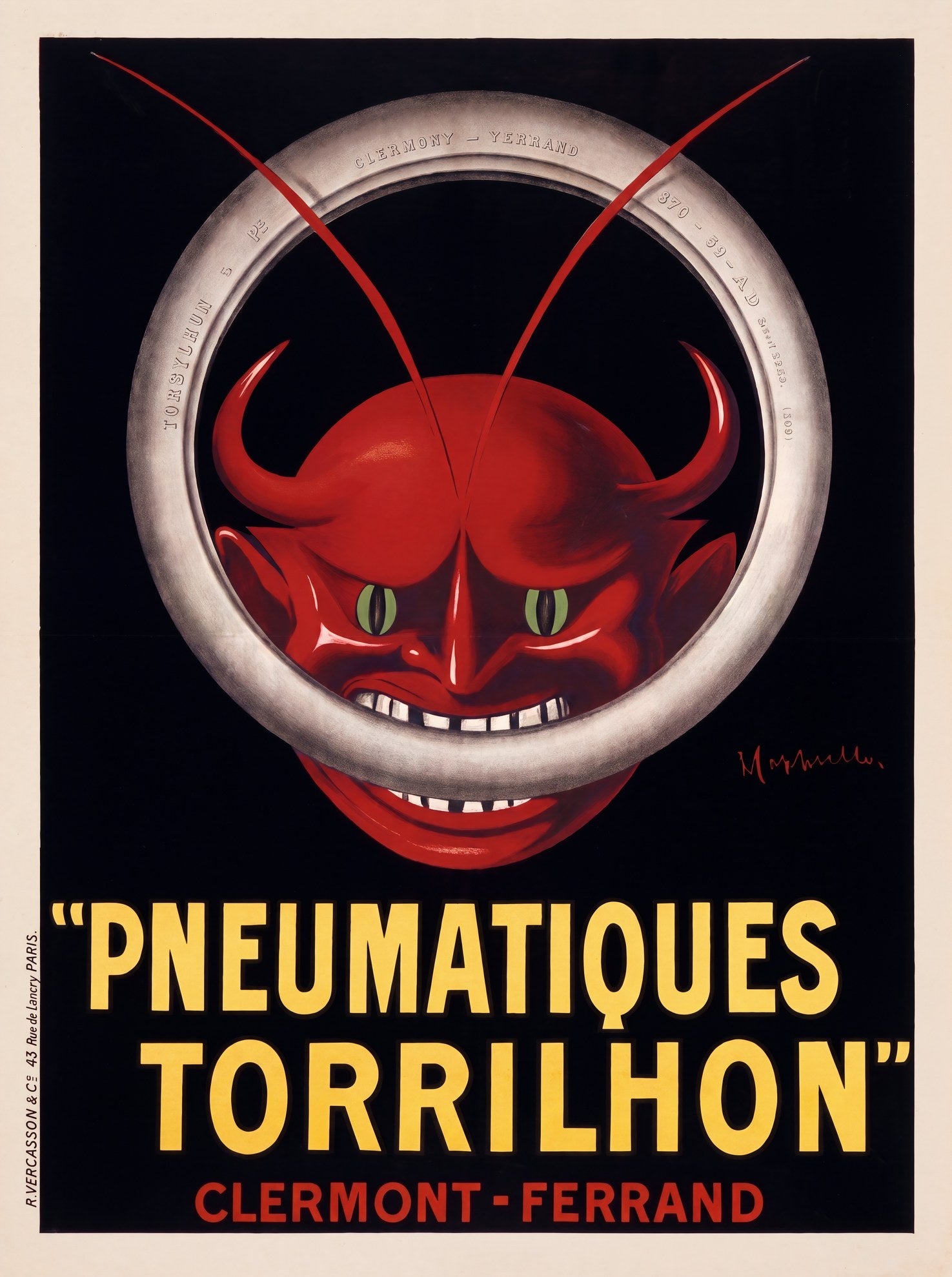 1906 Cappiello Pneumatiques Torrilhon poster, red devil inside silver tyre ring on black, yellow slab-serif type | The Vintage Poster Archives