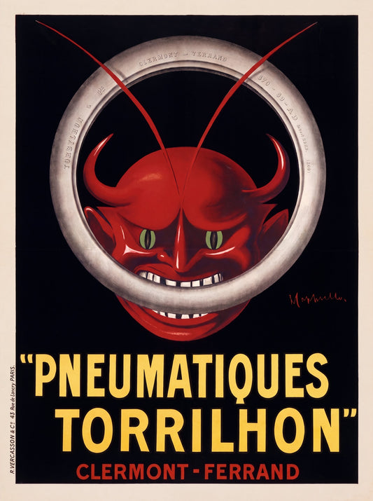 1906 Cappiello Pneumatiques Torrilhon poster, red devil inside silver tyre ring on black, yellow slab-serif type | The Vintage Poster Archives